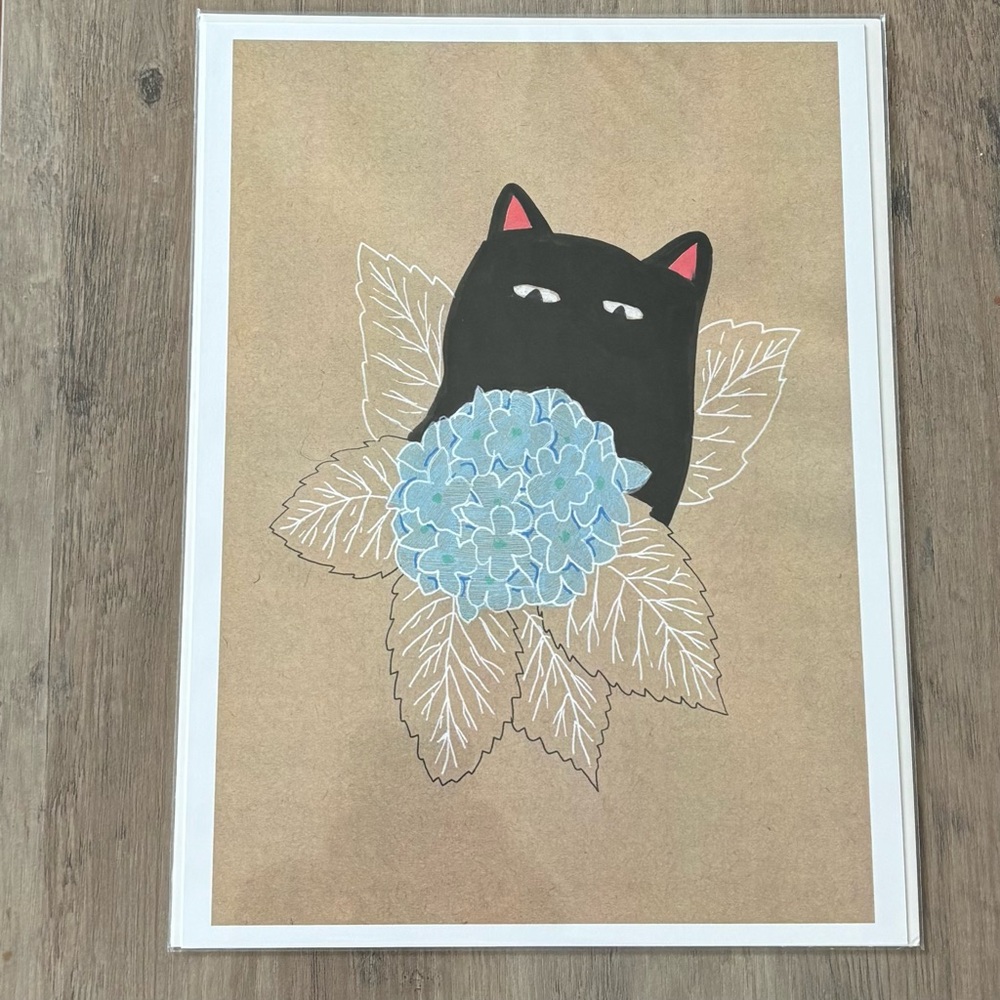 9 x 12 Black Cat Art Print with Blue Flower